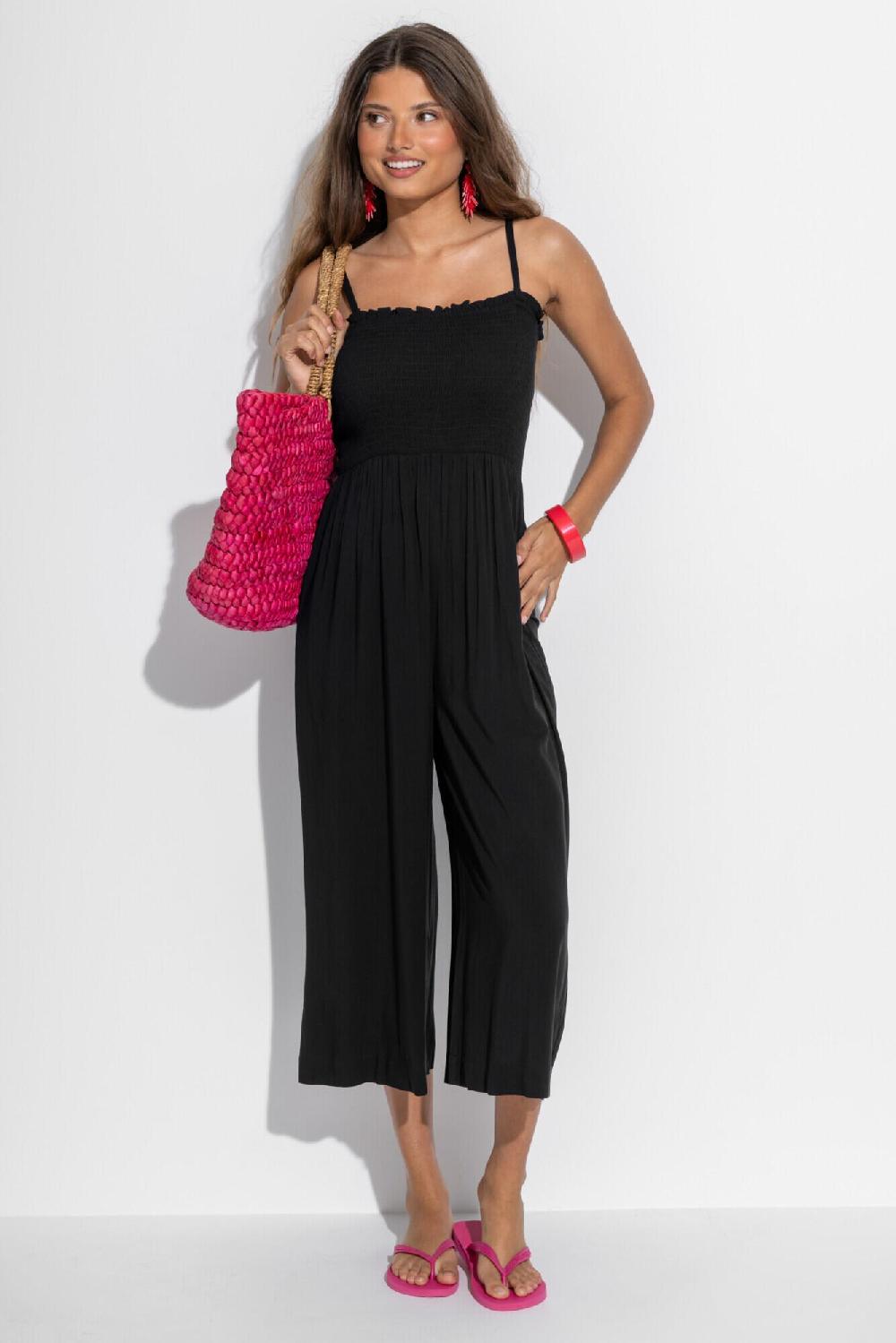 Pour Moi Anna Strapless Shirred Bodice Crop Leg Beach Jumpsuit - Black
