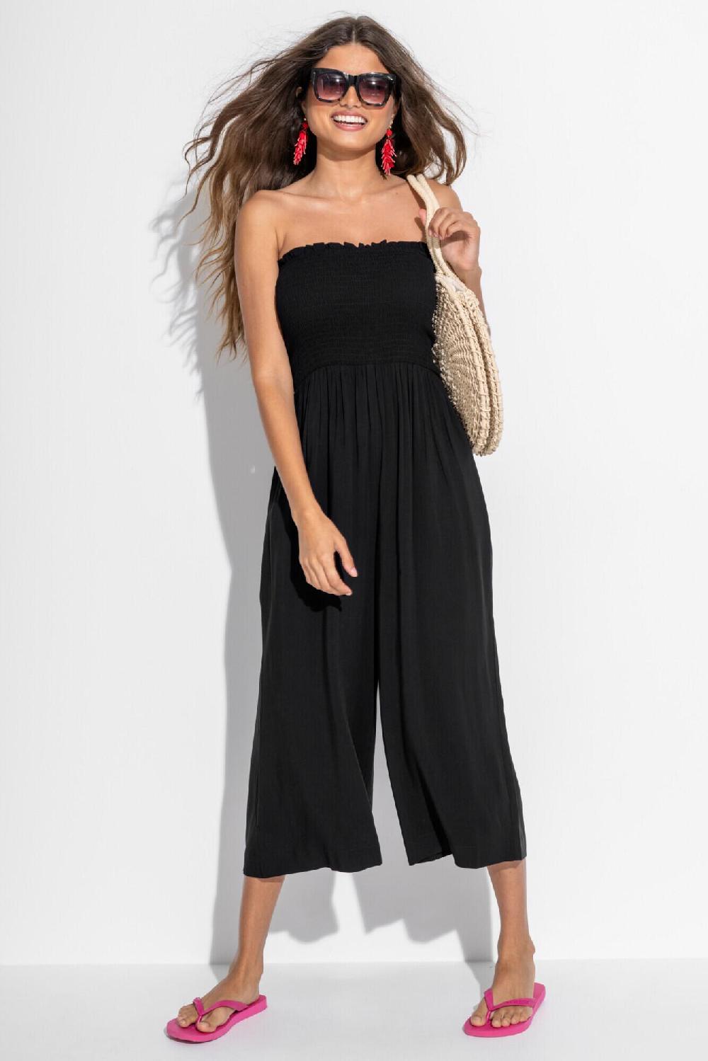 pour moi Anna Strapless Shirred Bodice Crop Leg Beach Jumpsuit - Black