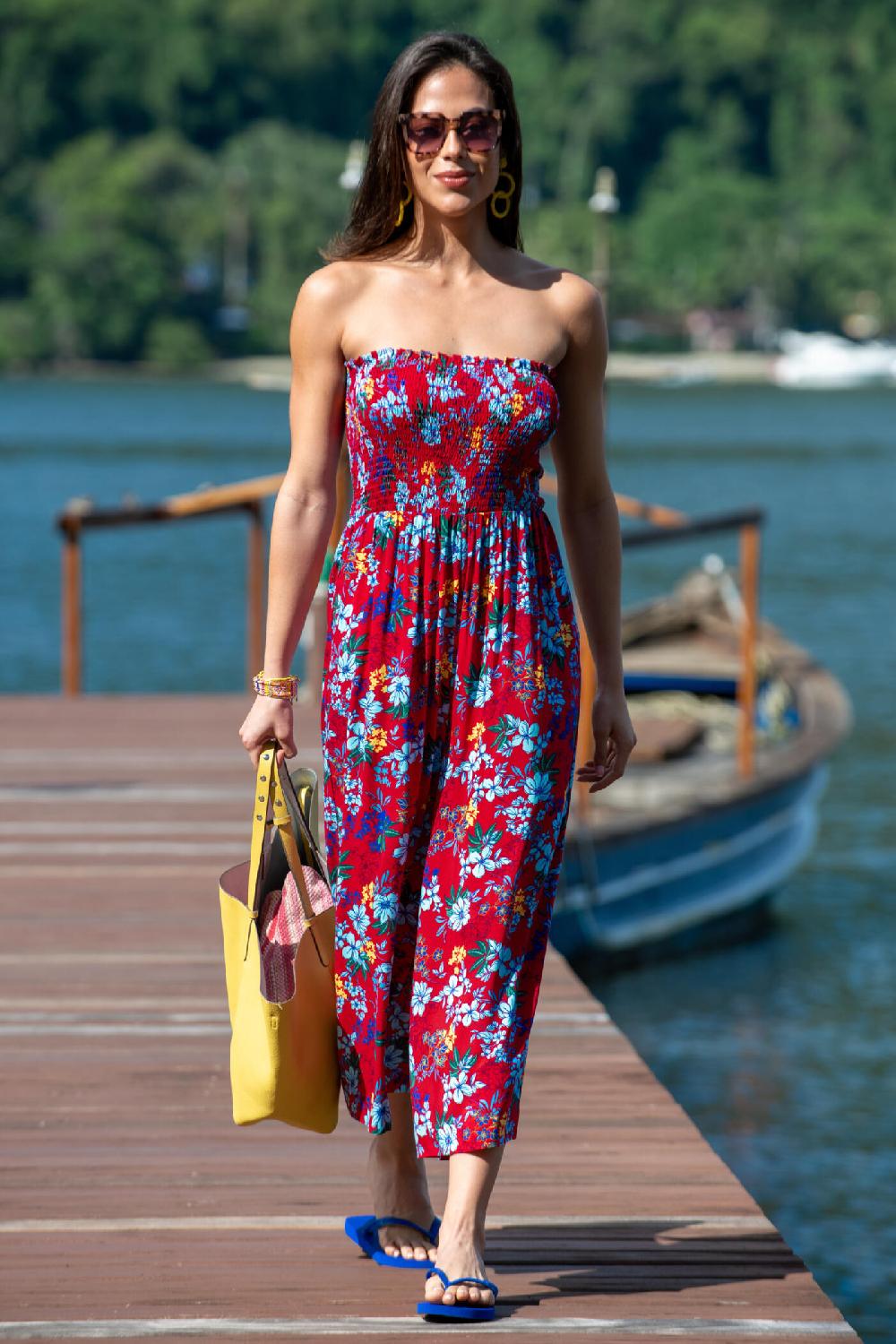 Pour Moi Anna Strapless Shirred Bodice Crop Leg Beach Jumpsuit - Red Floral