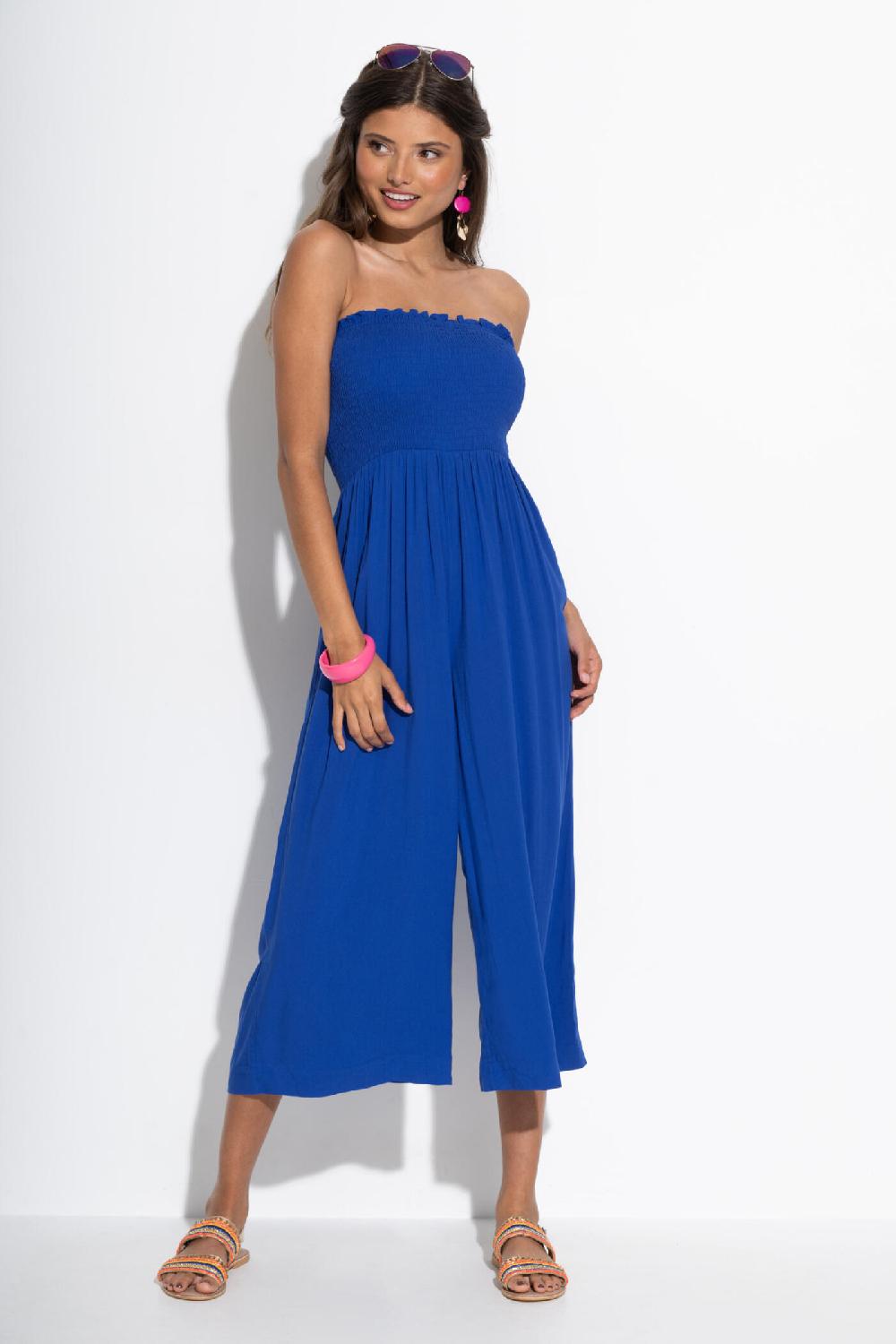 Pour Moi Anna Strapless Shirred Bodice Crop Leg Beach Jumpsuit - Ultramarine
