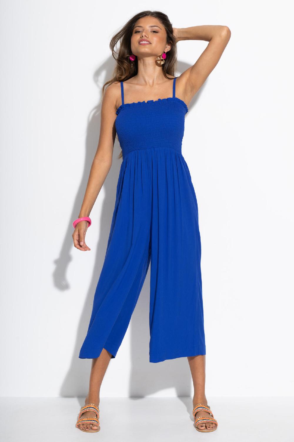 Pour Moi Anna Strapless Shirred Bodice Crop Leg Beach Jumpsuit - Ultramarine