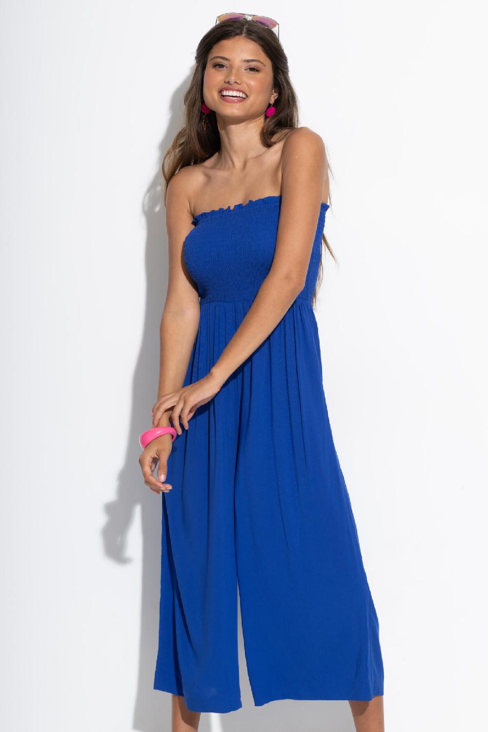 Pour Moi Anna Strapless Shirred Bodice Crop Leg Beach Jumpsuit - Ultramarine
