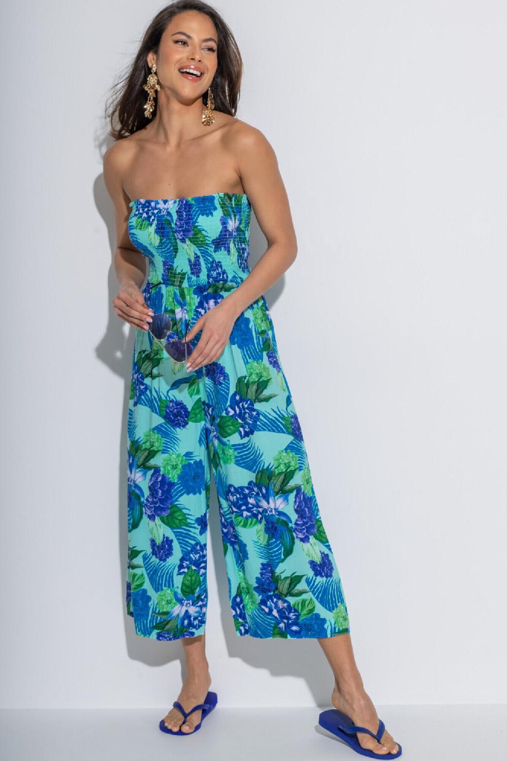 pour moi Anna Strapless Shirred Bodice Crop Leg Beach Jumpsuit - Aqua Tropical