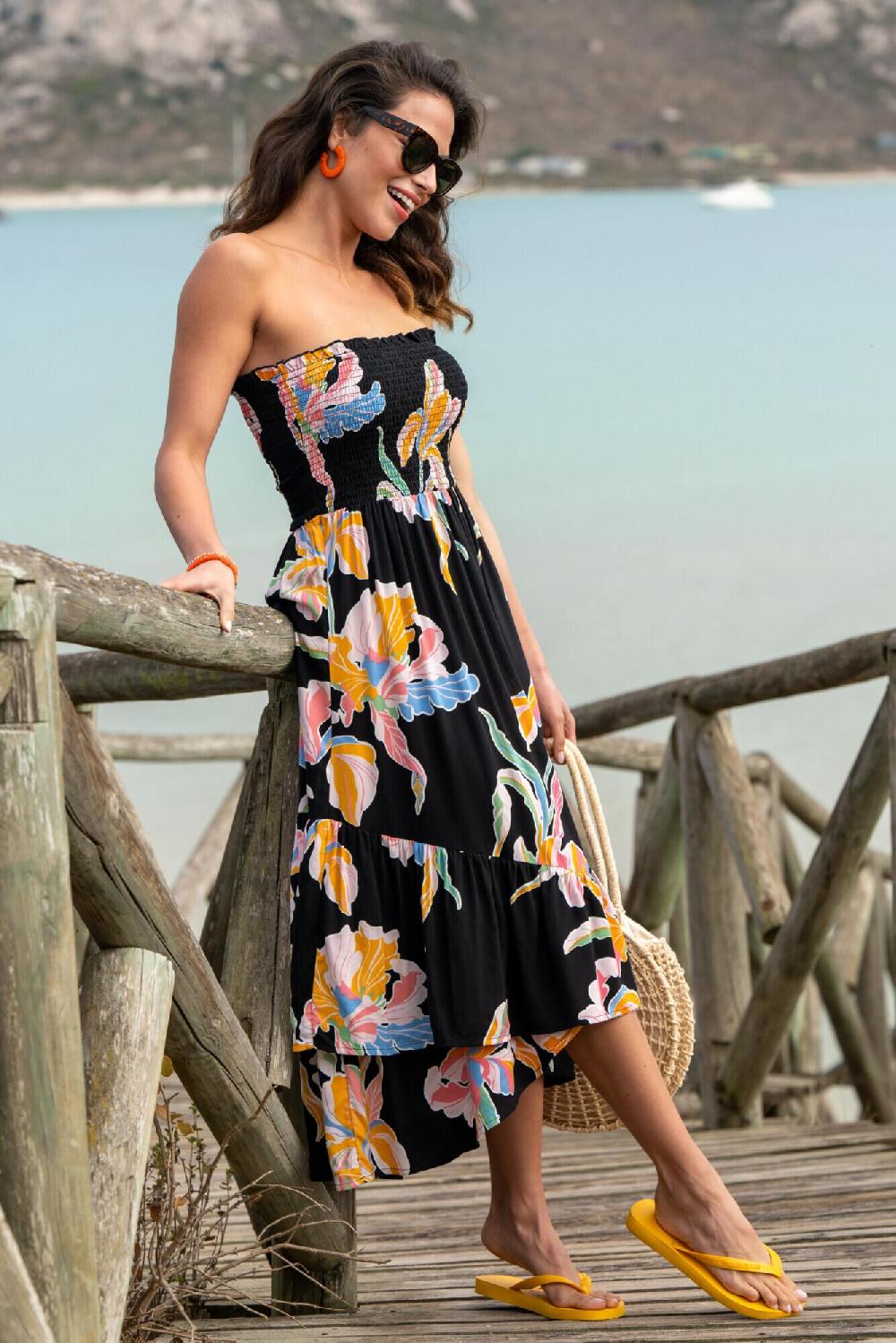 Pour Moi Asymmetric Tiered Woven Maxi Dress With Detachable Straps - Black Floral