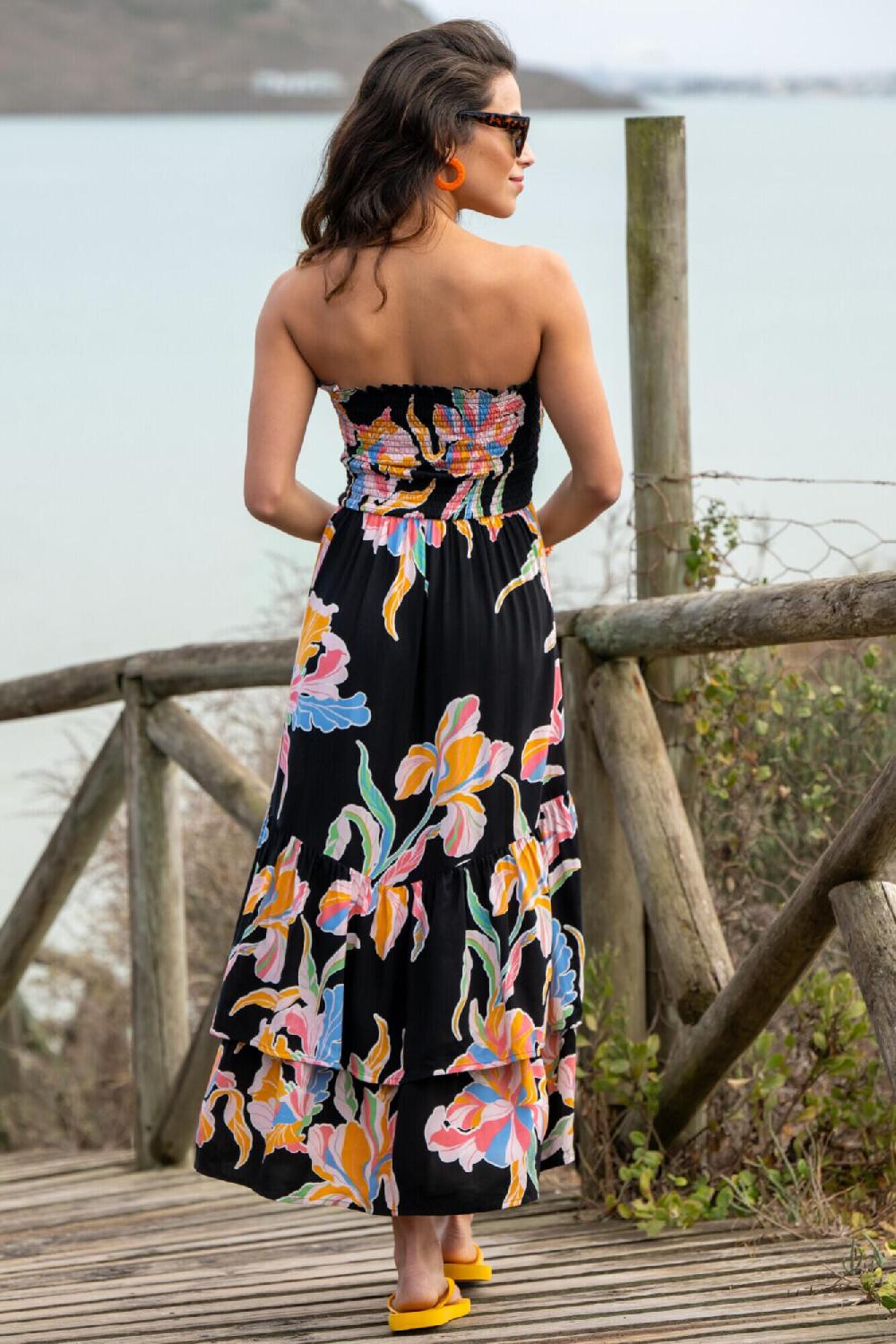 Pour Moi Asymmetric Tiered Woven Maxi Dress With Detachable Straps - Black Floral