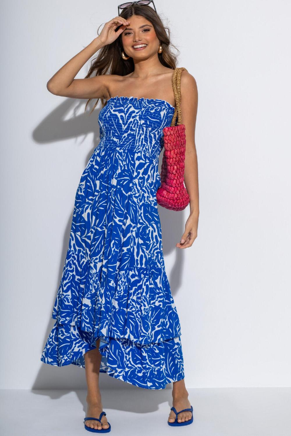 Pour Moi Asymmetric Tiered Woven Maxi Dress With Detachable Straps - Ultramarine/White