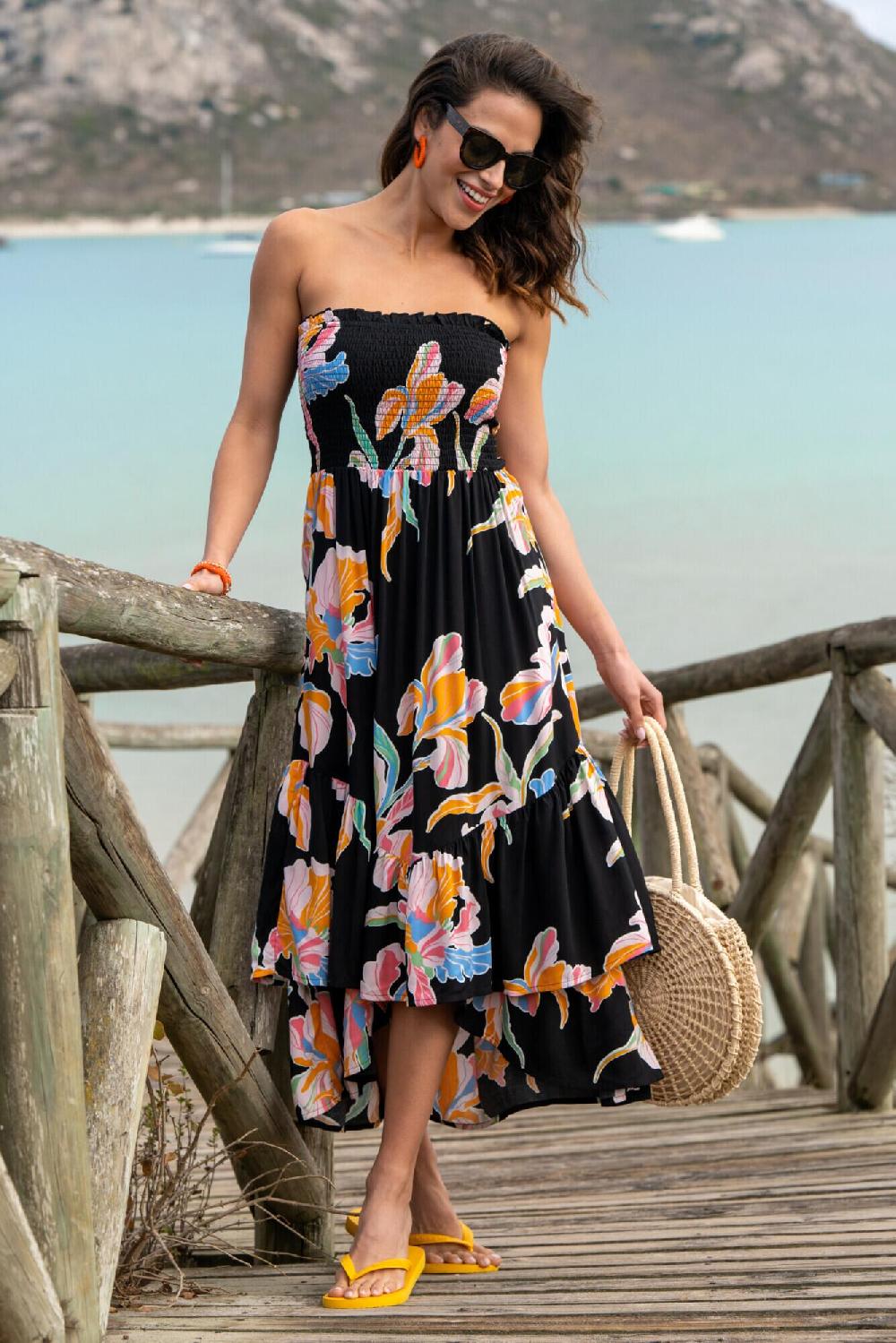 pour moi Asymmetric Tiered Woven Maxi Dress with Detachable Straps - Black Floral