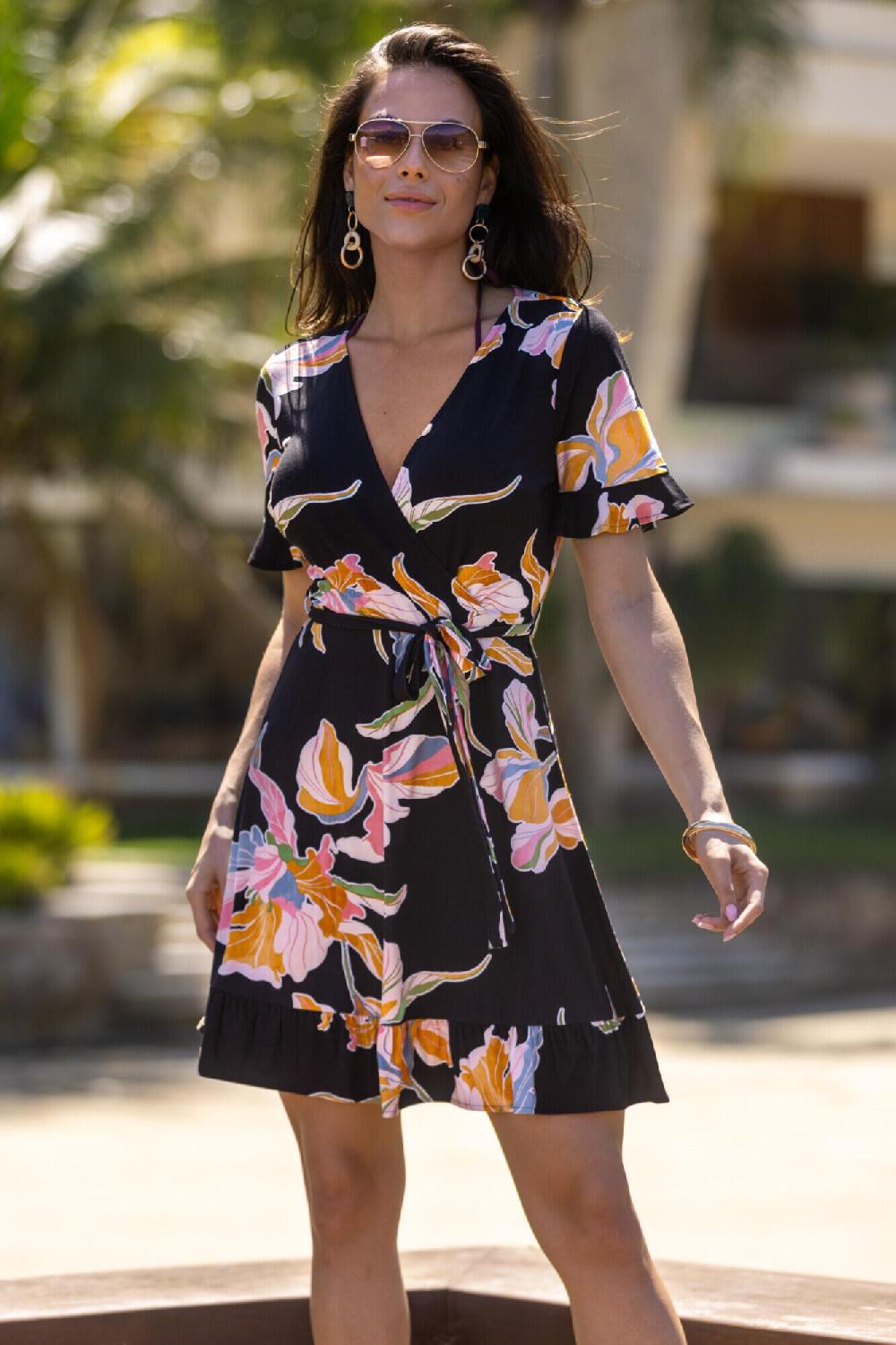 Pour Moi Birdie Stretch Viscose Jersey Wrap Front Dress - Black Floral