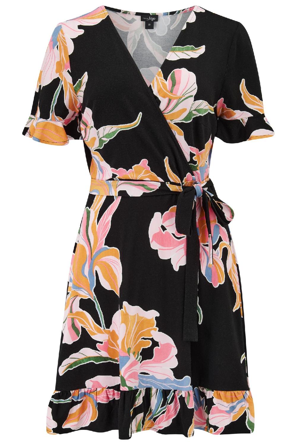 Pour Moi Birdie Stretch Viscose Jersey Wrap Front Dress - Black Floral