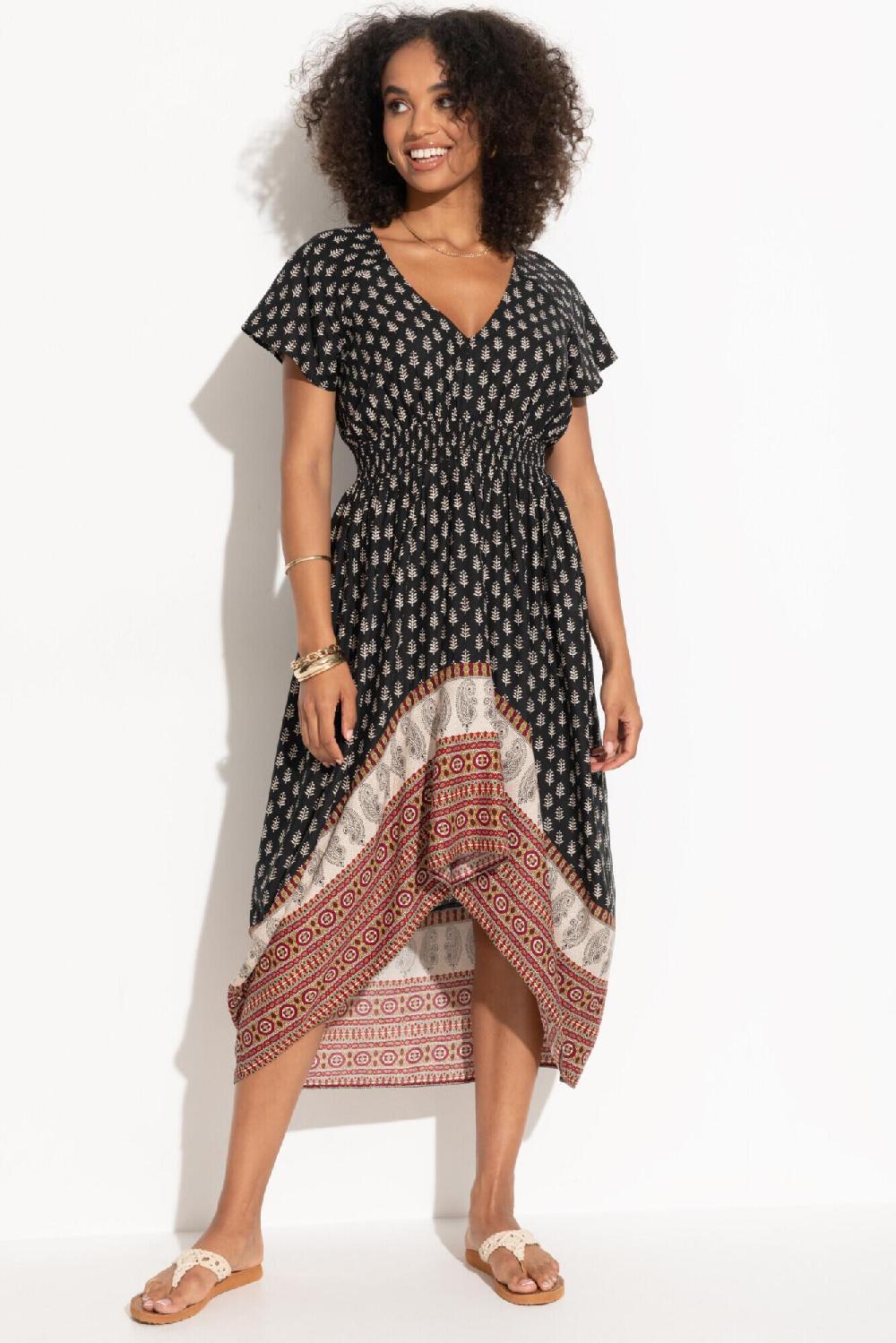 pour moi Border Print High Low Midaxi Beach Dress - Black/Mix