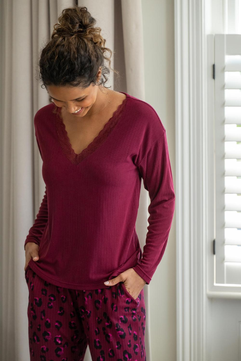 Pour Moi Brushed Rib Lace Trim V-Neck Lounge Pyjama Set - Berry Leopard