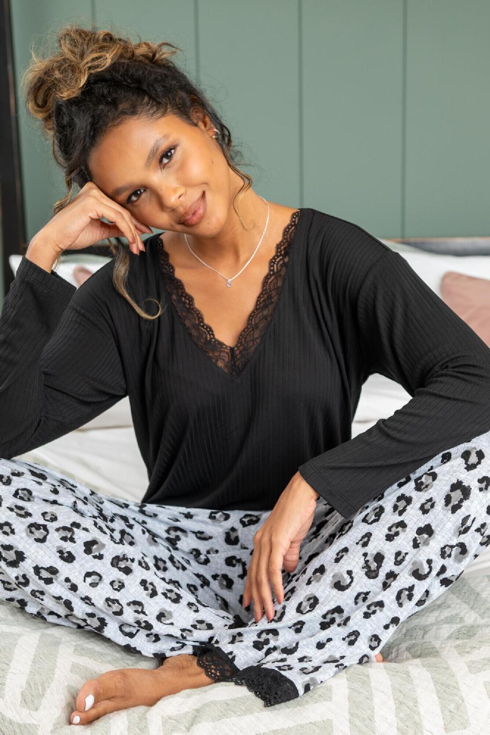 pour moi Brushed Rib Lace Trim V-Neck Lounge Pyjama Set - Grey Marl/Black