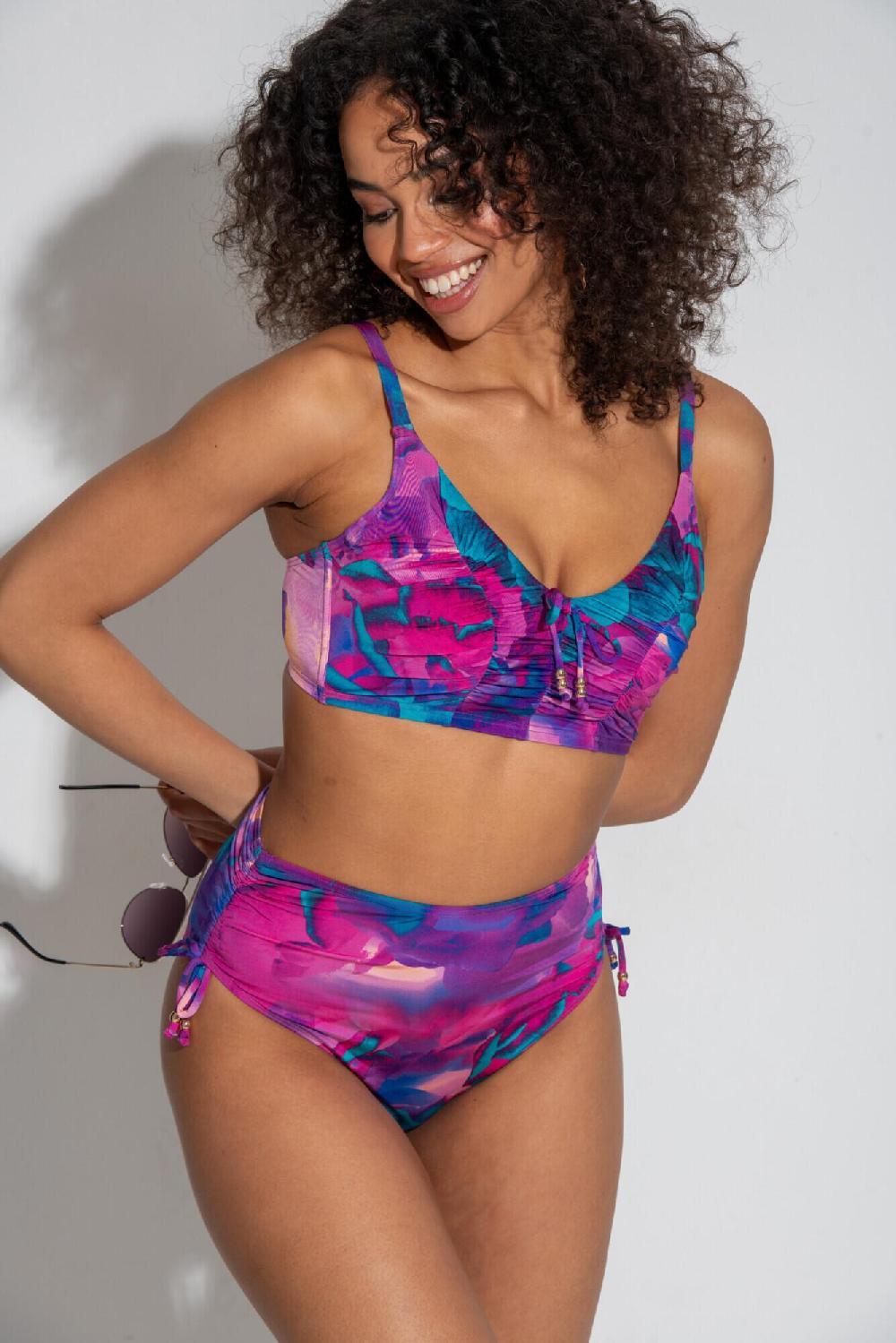 Pour Moi Cabana Underwired Longline Ruched Bikini Top - Purple Floral