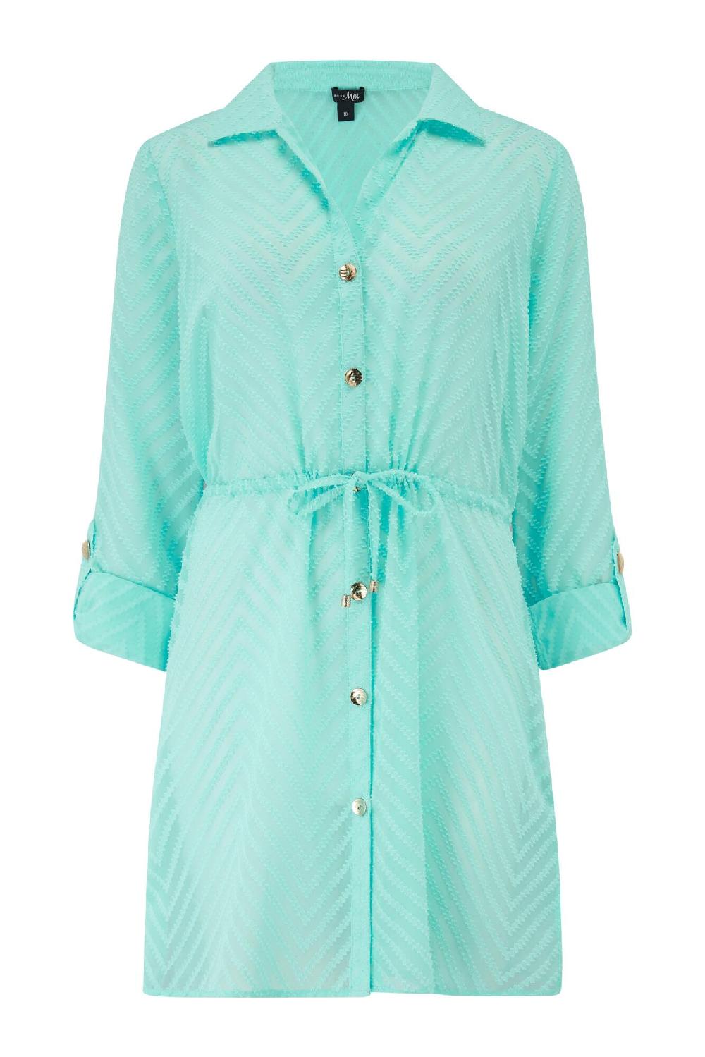 Pour Moi Chevron Stripe Button Through Beach Shirt - Aqua