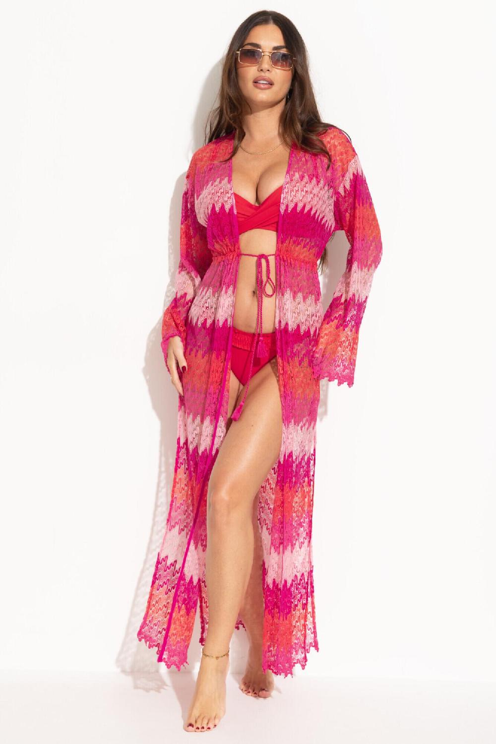 Pour Moi Colour Block Crochet Co-ord Maxi Beach Kimono - Red/Pink