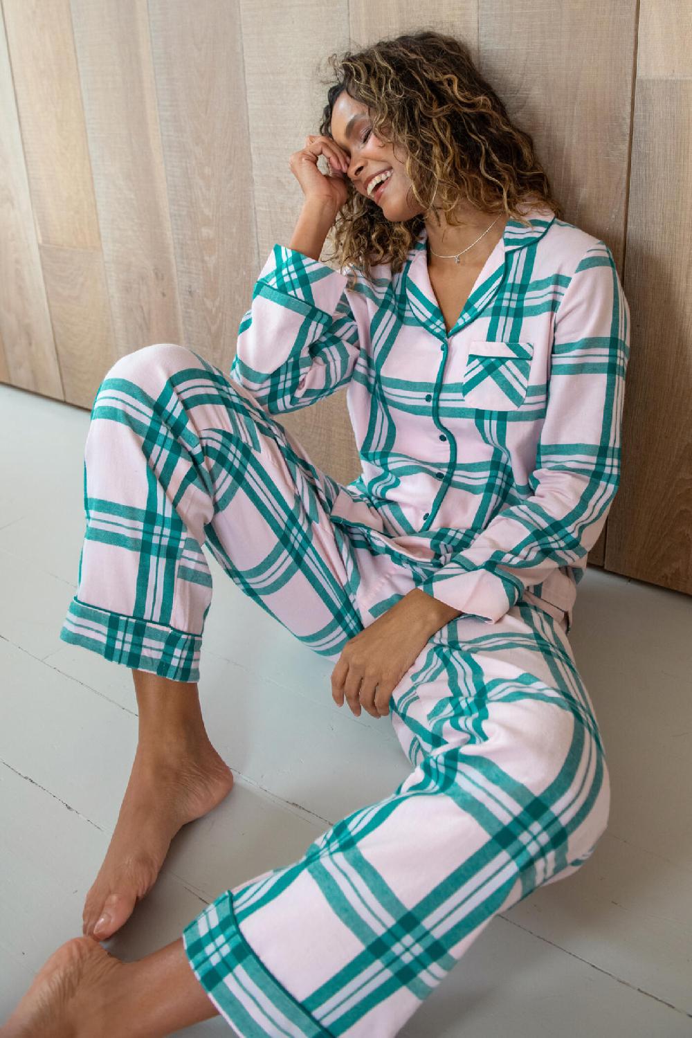 pour moi Cosy Check Brushed Cotton Pyjama Gift Set - Light Pink/Teal