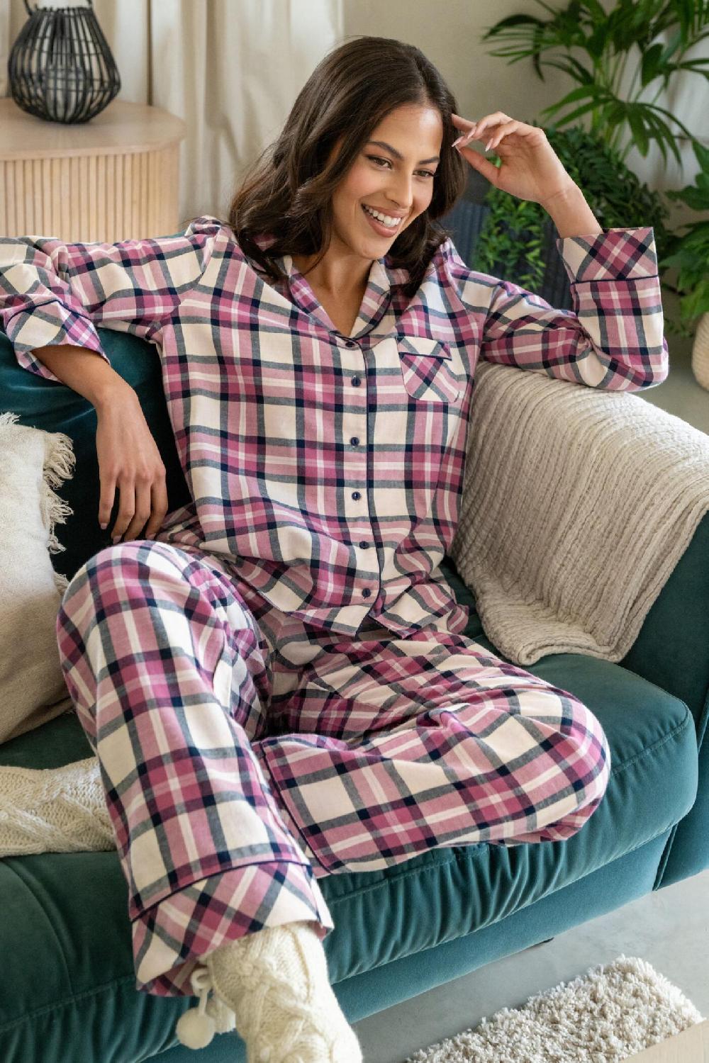 pour moi Cosy Check Brushed Cotton Pyjama Gift Set - Pink/Navy