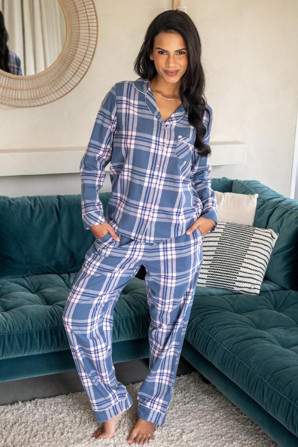 Pour Moi Cosy Check Brushed Cotton Pyjama Gift Set - Steel Blue/Pink