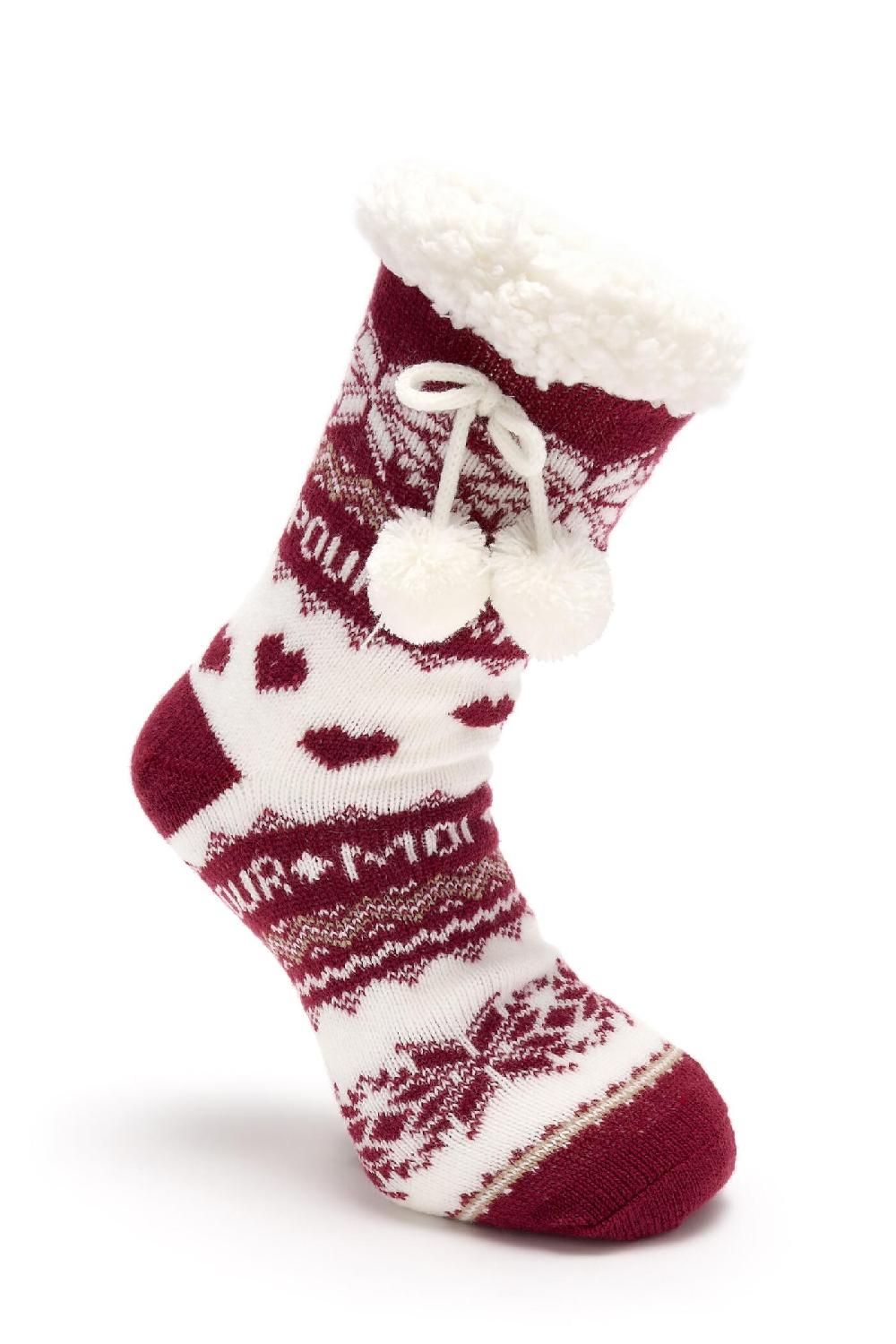 Pour Moi Cosy Fairisle Knit Lined Slipper Sock - Berry/Ivory