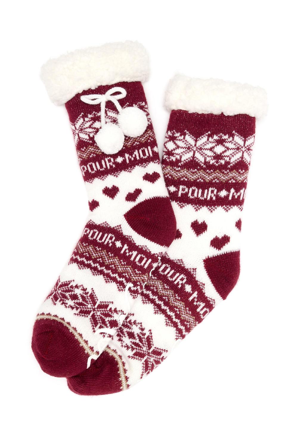 Pour Moi Cosy Fairisle Knit Lined Slipper Sock - Berry/Ivory