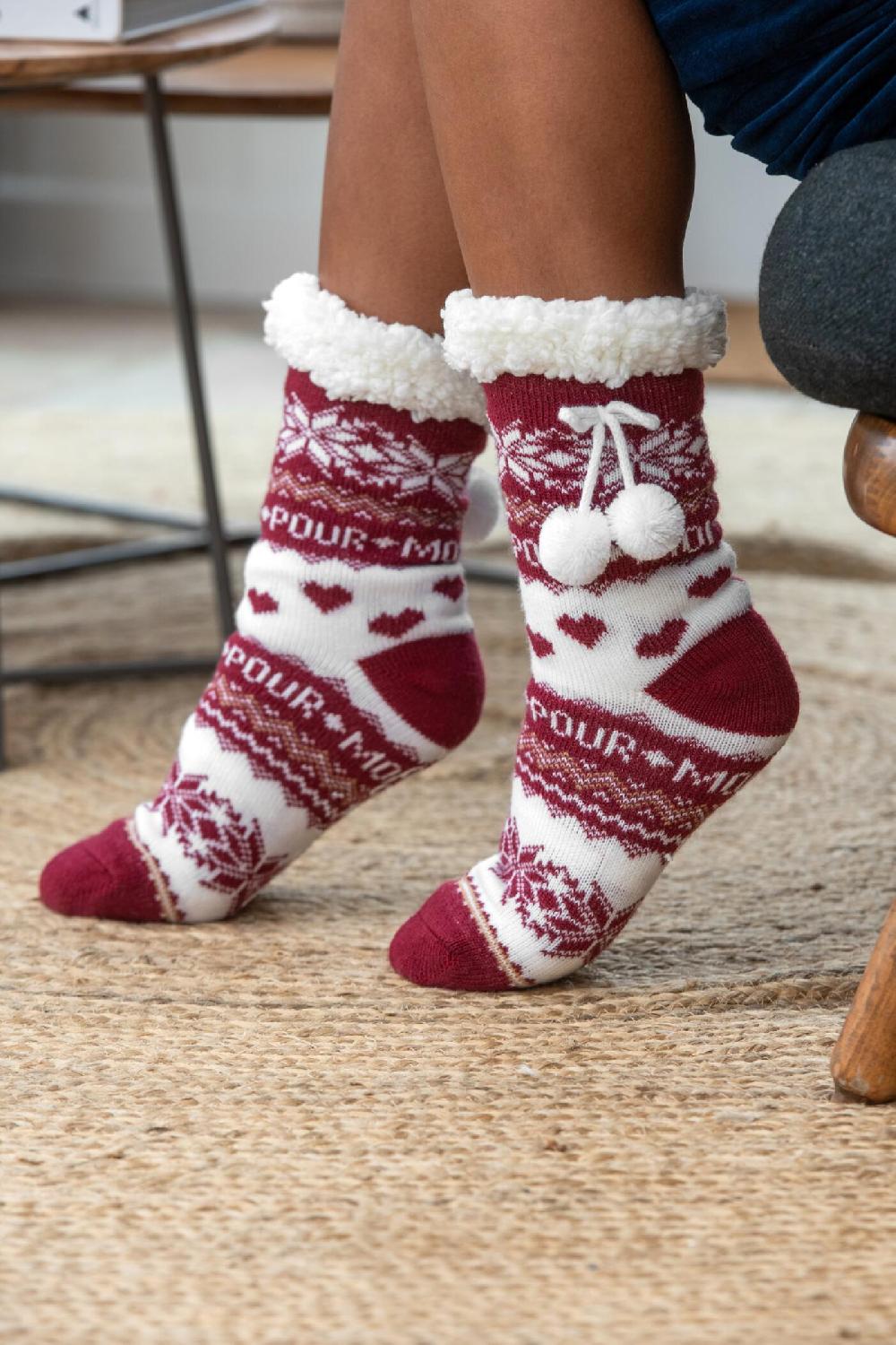 pour moi Cosy Fairisle Knit Lined Slipper Sock - Berry/Ivory