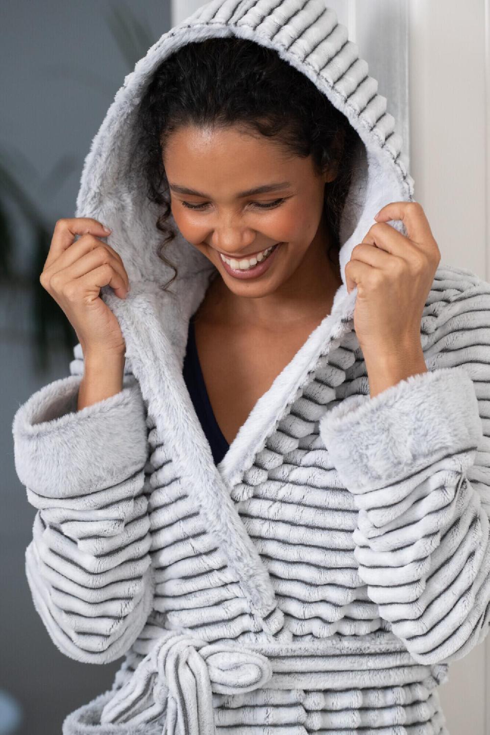 Pour Moi Cosy Ribbed Fleece Midi Hooded Dressing Gown - Grey