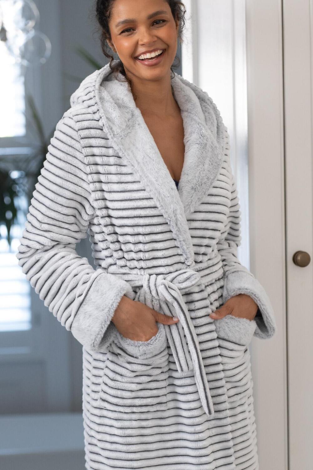 Pour Moi Cosy Ribbed Fleece Midi Hooded Dressing Gown - Grey