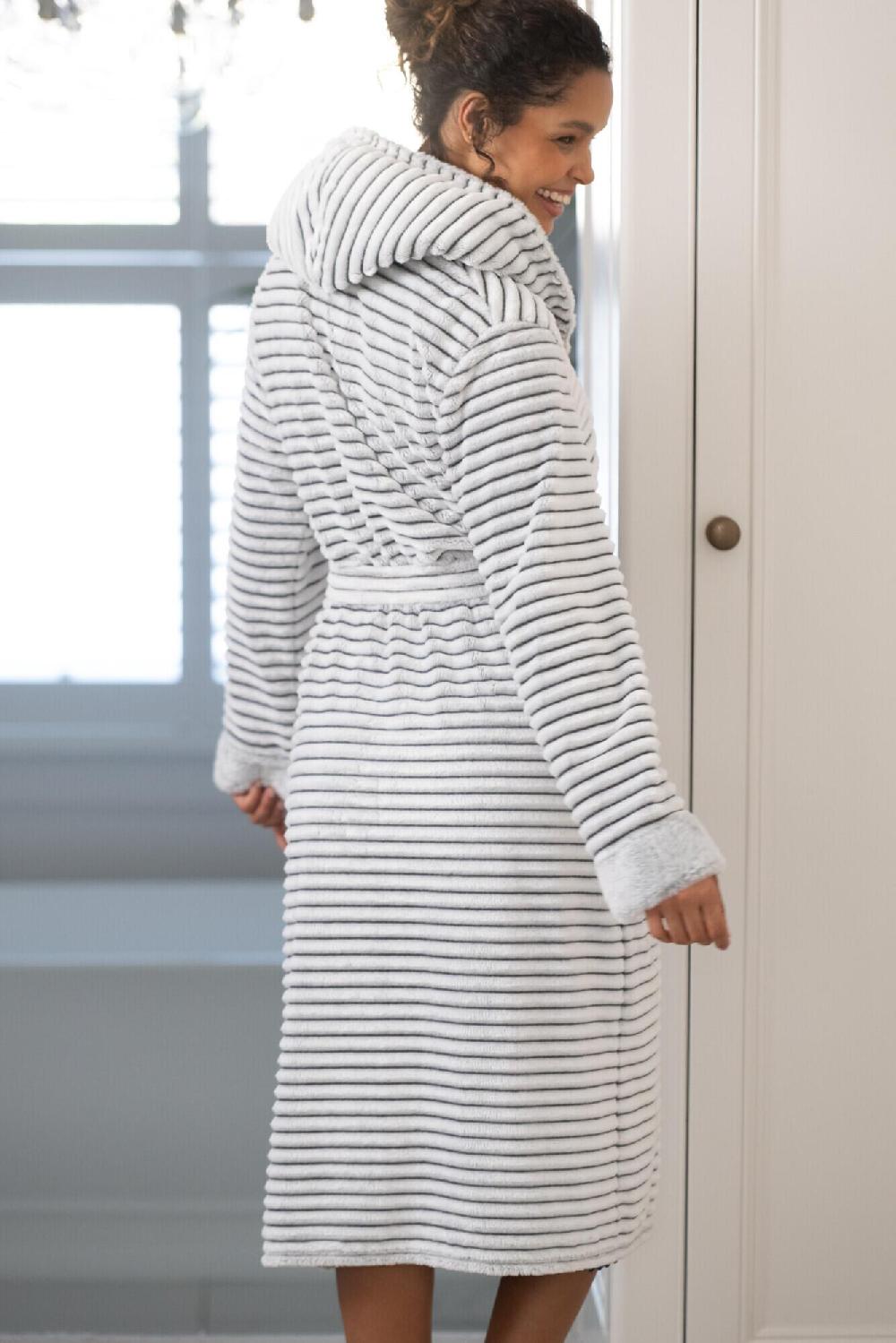 Pour Moi Cosy Ribbed Fleece Midi Hooded Dressing Gown - Grey