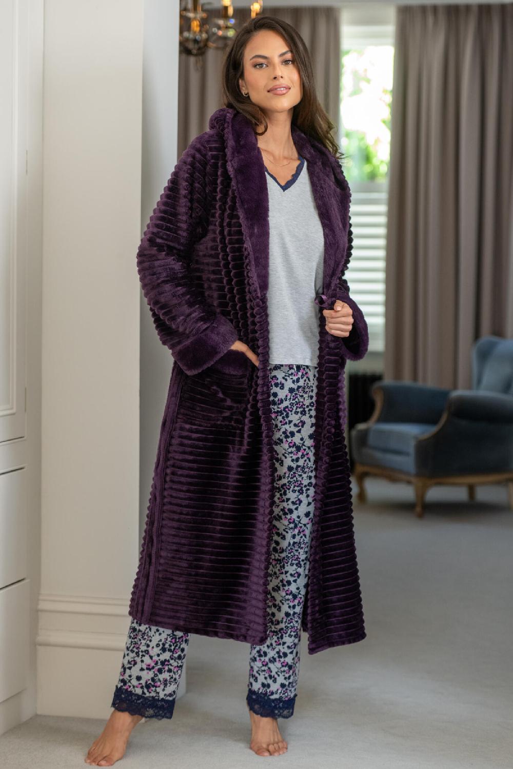 Pour Moi Cosy Ribbed Fleece Midi Hooded Dressing Gown - Plum