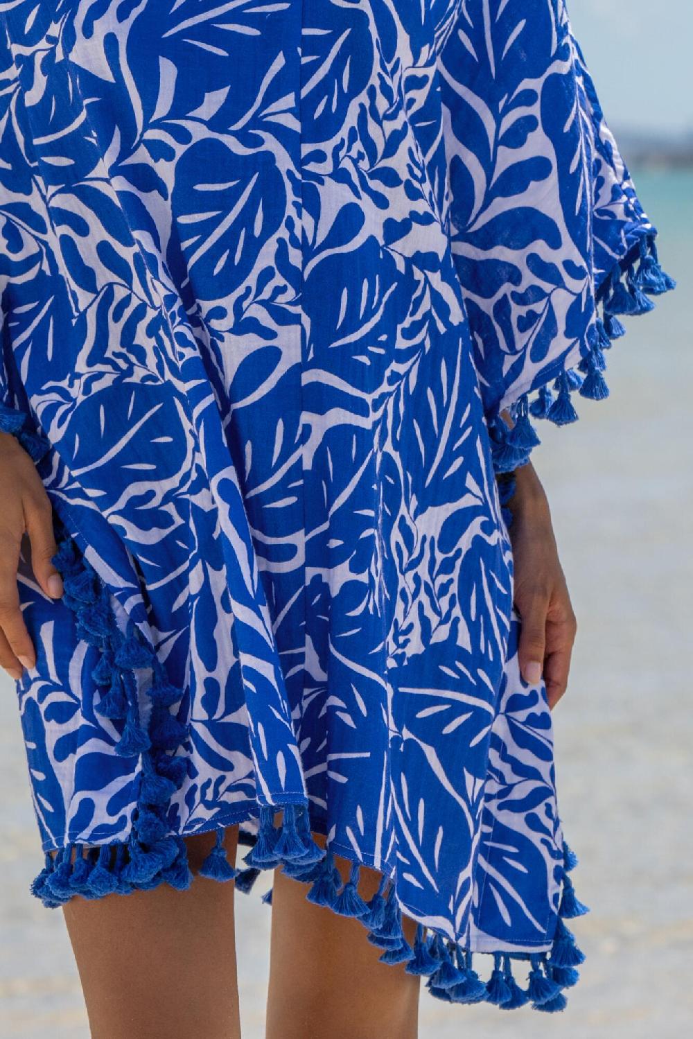 Pour Moi Cotton Double Cloth Fringe Trim Kaftan - Ultramarine/White