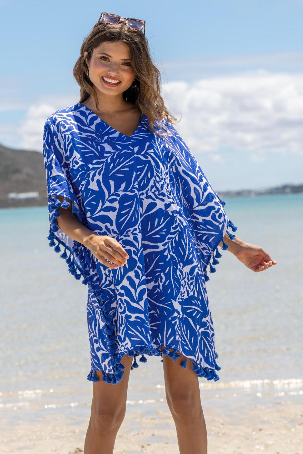 Pour Moi Cotton Double Cloth Fringe Trim Kaftan - Ultramarine/White