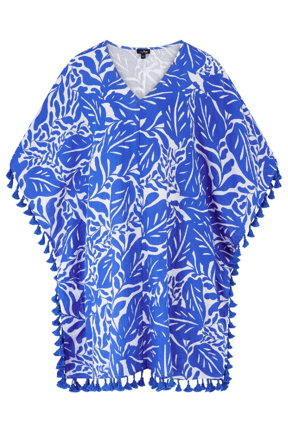 Pour Moi Cotton Double Cloth Fringe Trim Kaftan - Ultramarine/White