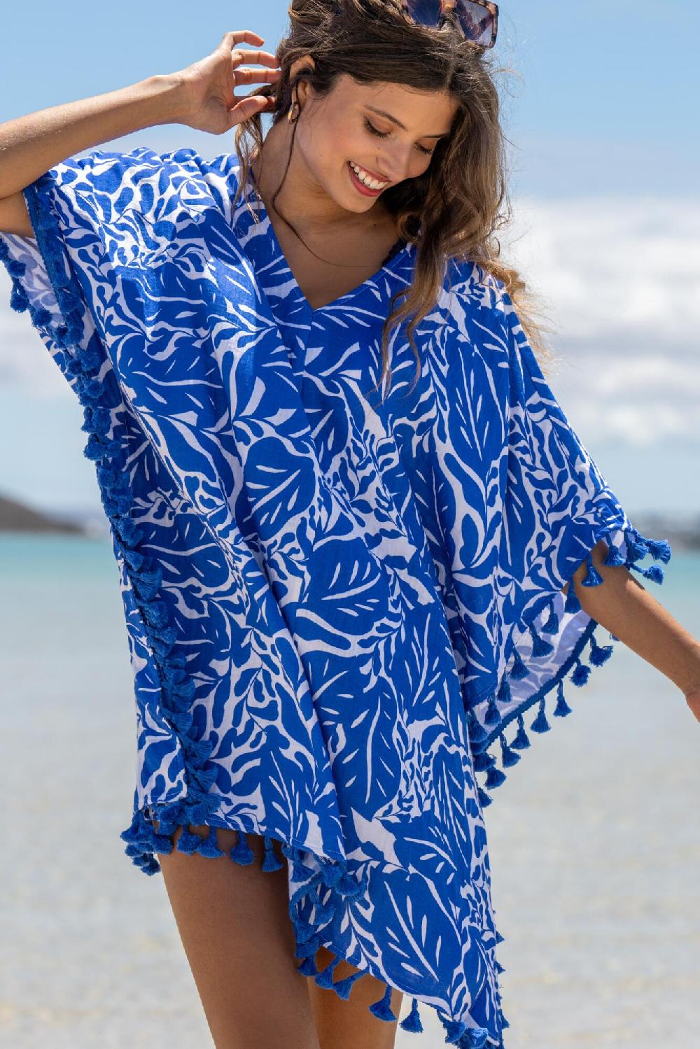 pour moi Cotton Double Cloth Fringe Trim Kaftan - Ultramarine/White