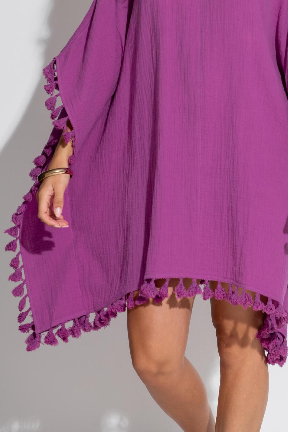 Pour Moi Cotton Double Cloth Fringe Trim Kaftan - Ultraviolet