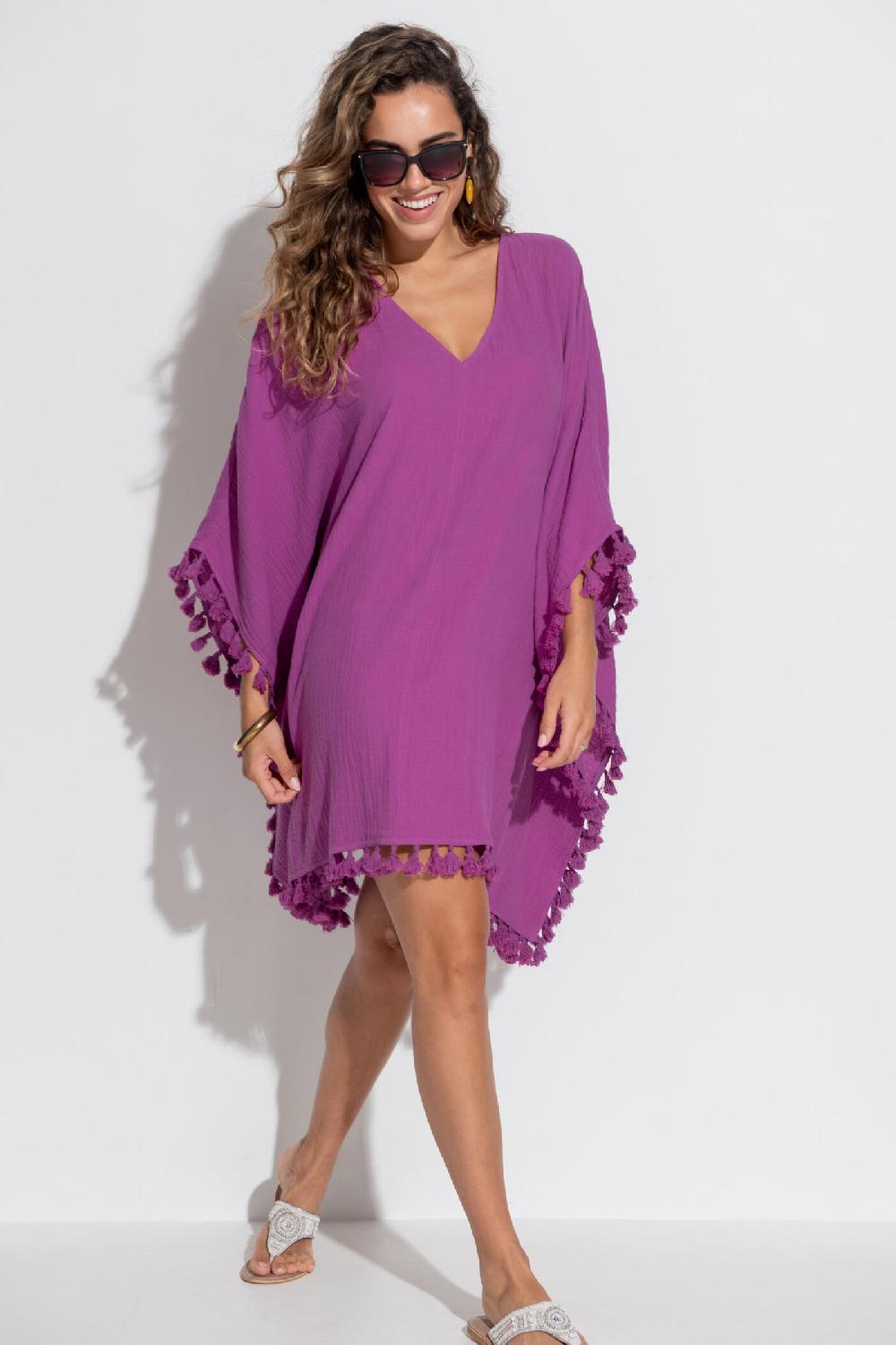 Pour Moi Cotton Double Cloth Fringe Trim Kaftan - Ultraviolet