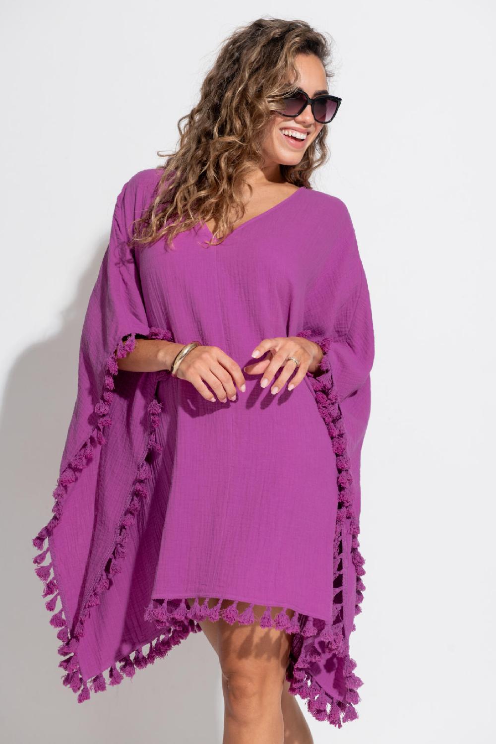 pour moi Cotton Double Cloth Fringe Trim Kaftan - Ultraviolet