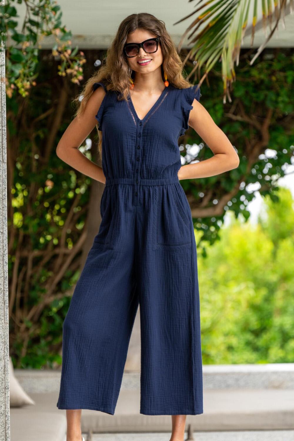 Pour Moi Cotton Double Cloth Ladder Trim Jumpsuit - Navy