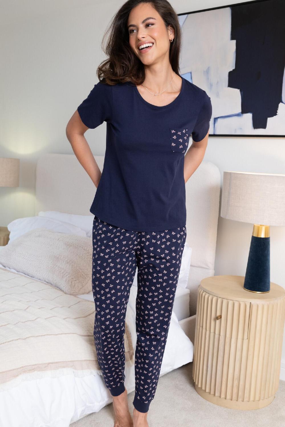 Pour Moi Cotton Jersey Bow Short Sleeve Pyjama Set - Navy/Pink