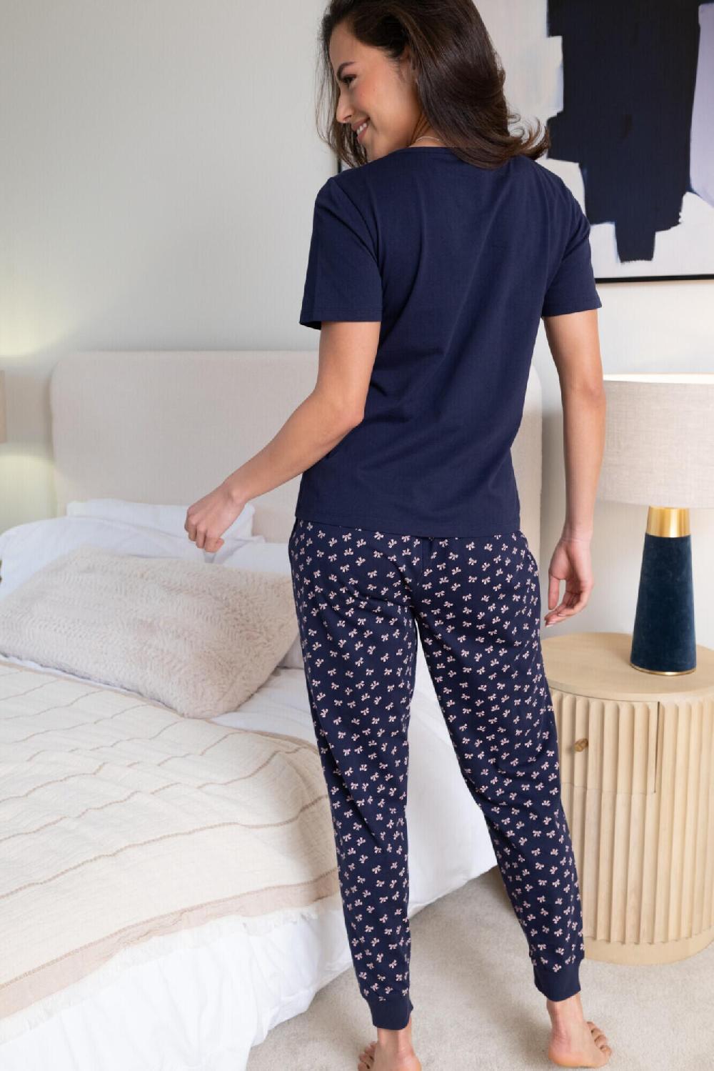 Pour Moi Cotton Jersey Bow Short Sleeve Pyjama Set - Navy/Pink