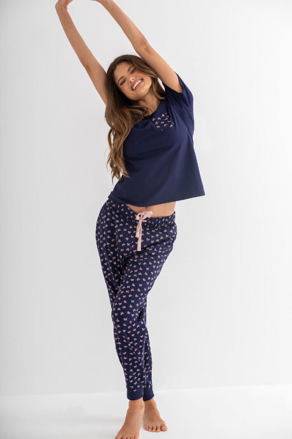 Pour Moi Cotton Jersey Bow Short Sleeve Pyjama Set - Navy/Pink