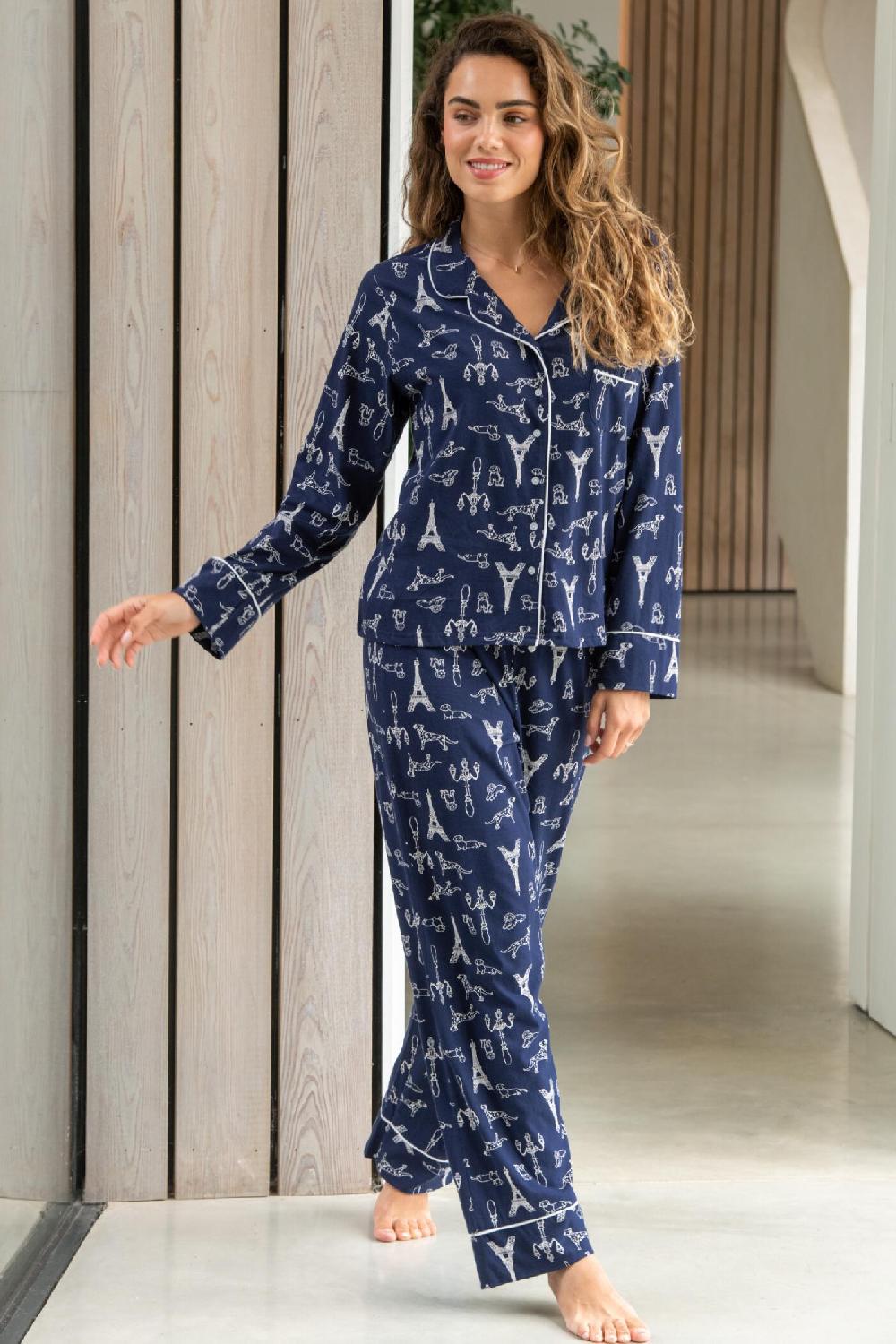 Pour Moi Cotton Jersey Revere Collar Pyjama Set - Navy/White