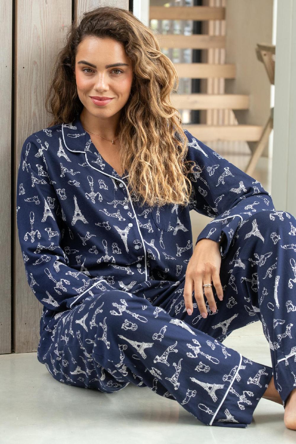 pour moi Cotton Jersey Revere Collar Pyjama Set - Navy/White