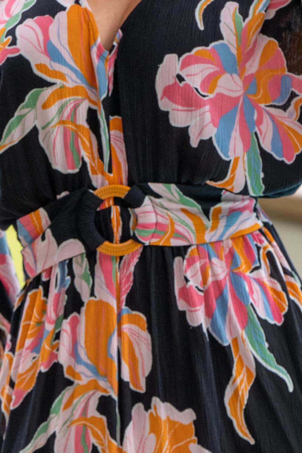 Pour Moi Crinkle O-Ring Woven Beach Kaftan - Black Floral