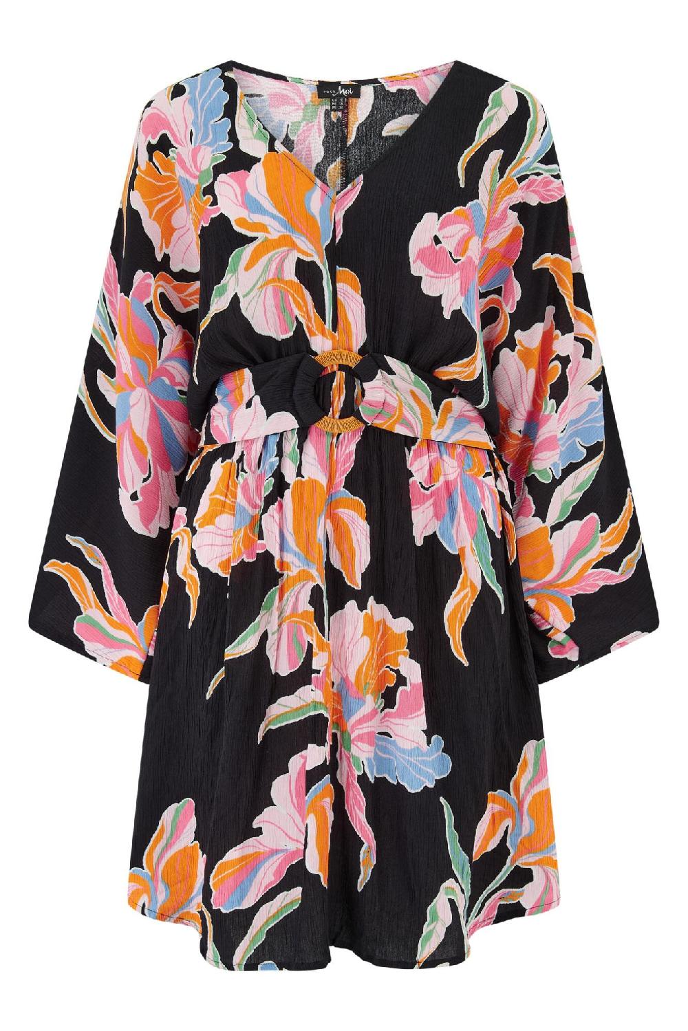 Pour Moi Crinkle O-Ring Woven Beach Kaftan - Black Floral