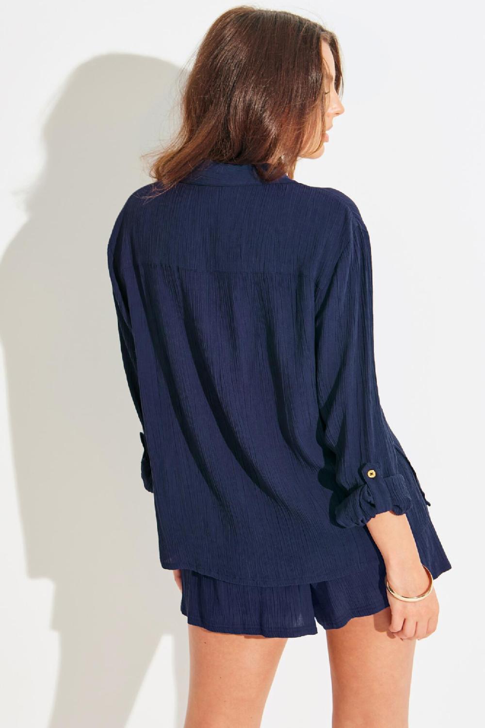 Pour Moi Crinkle Viscose Gold Trim Beach Shirt - Navy