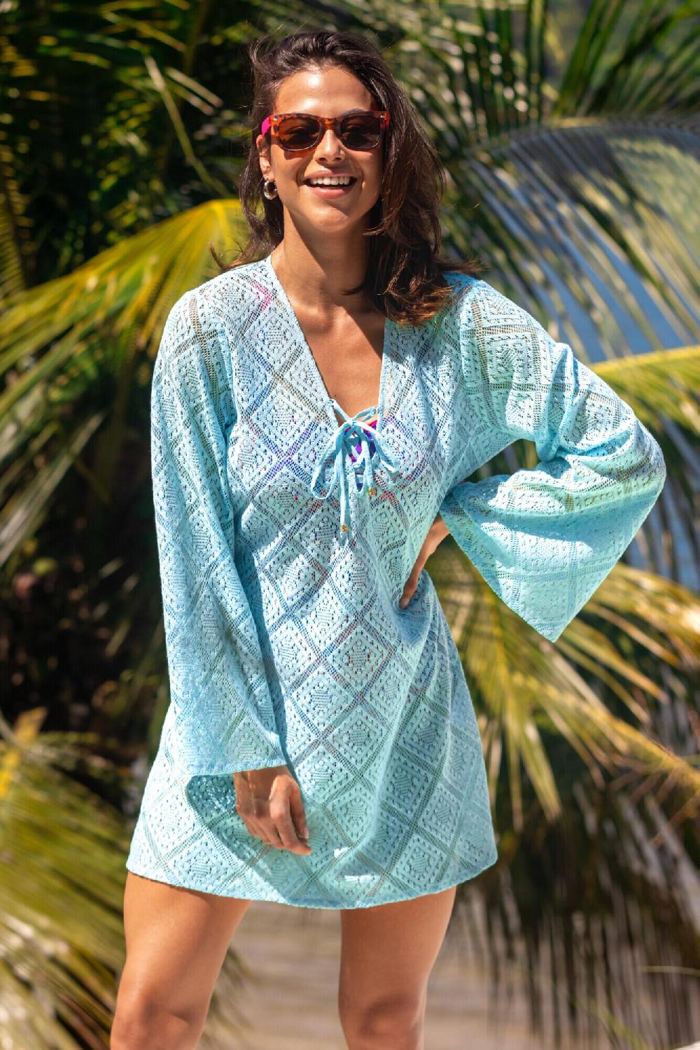 Pour Moi Crochet Lace Long Sleeve Beach Cover Up - Aqua