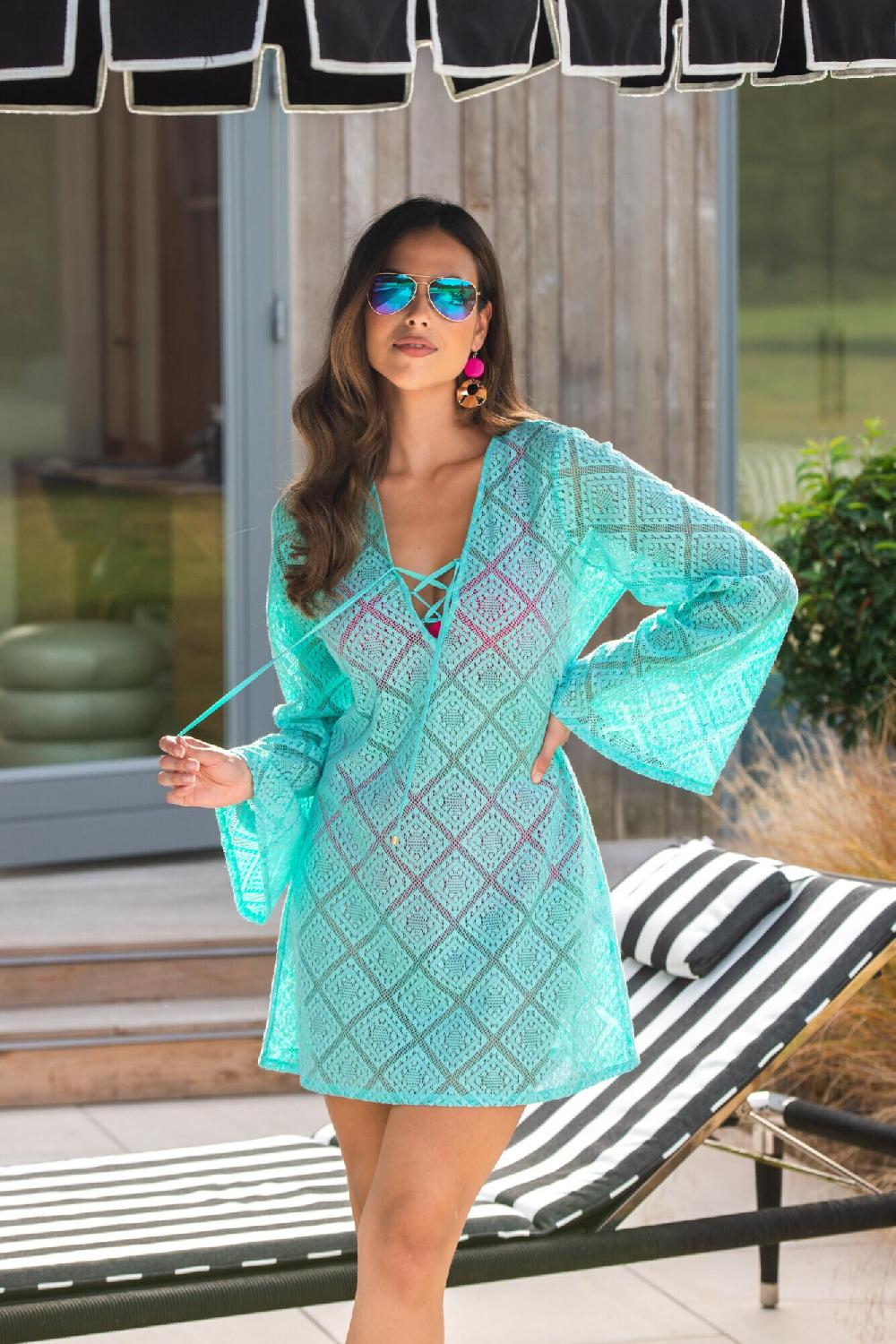 Pour Moi Crochet Lace Long Sleeve Beach Cover Up - Aqua