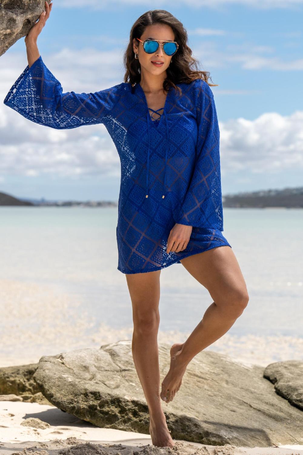 Pour Moi Crochet Lace Long Sleeve Beach Cover Up - Ultramarine