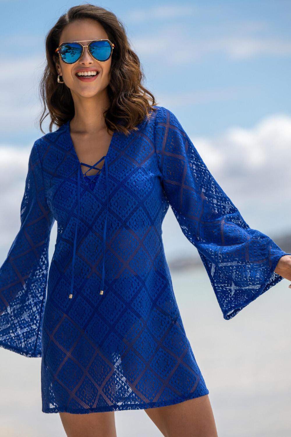 pour moi Crochet Lace Long Sleeve Beach Cover Up - Ultramarine