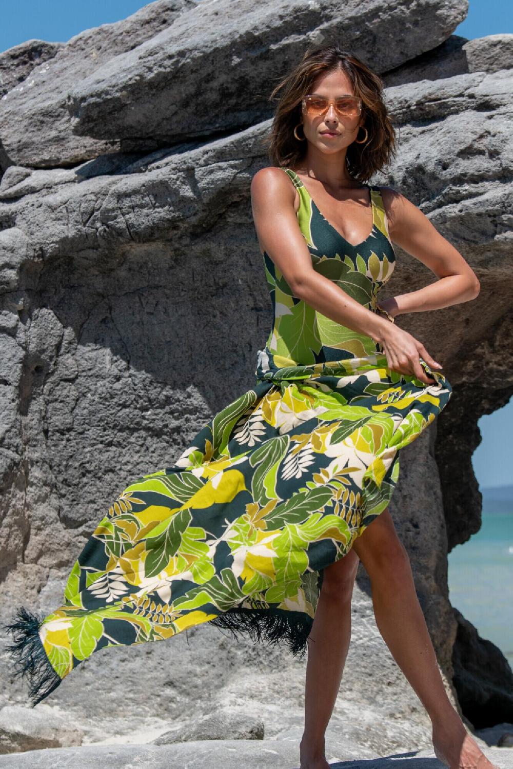 Pour Moi Dolce Vita V-Neck Tummy Control Swimsuit - Green Tropical